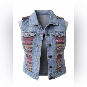 BONGO Denim Vest Boho Tribal Print Panel Sleeveless Jean Jacket Medium